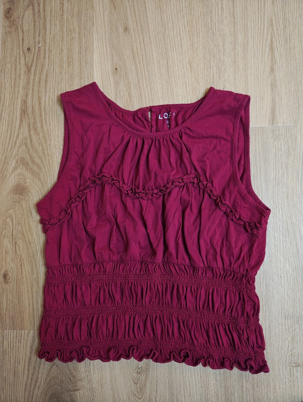 LOFT Ruffled Smocked Tank in Raspberry